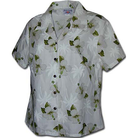 White Hibiscus Palms Women's Fitted Hawaiian Blouse